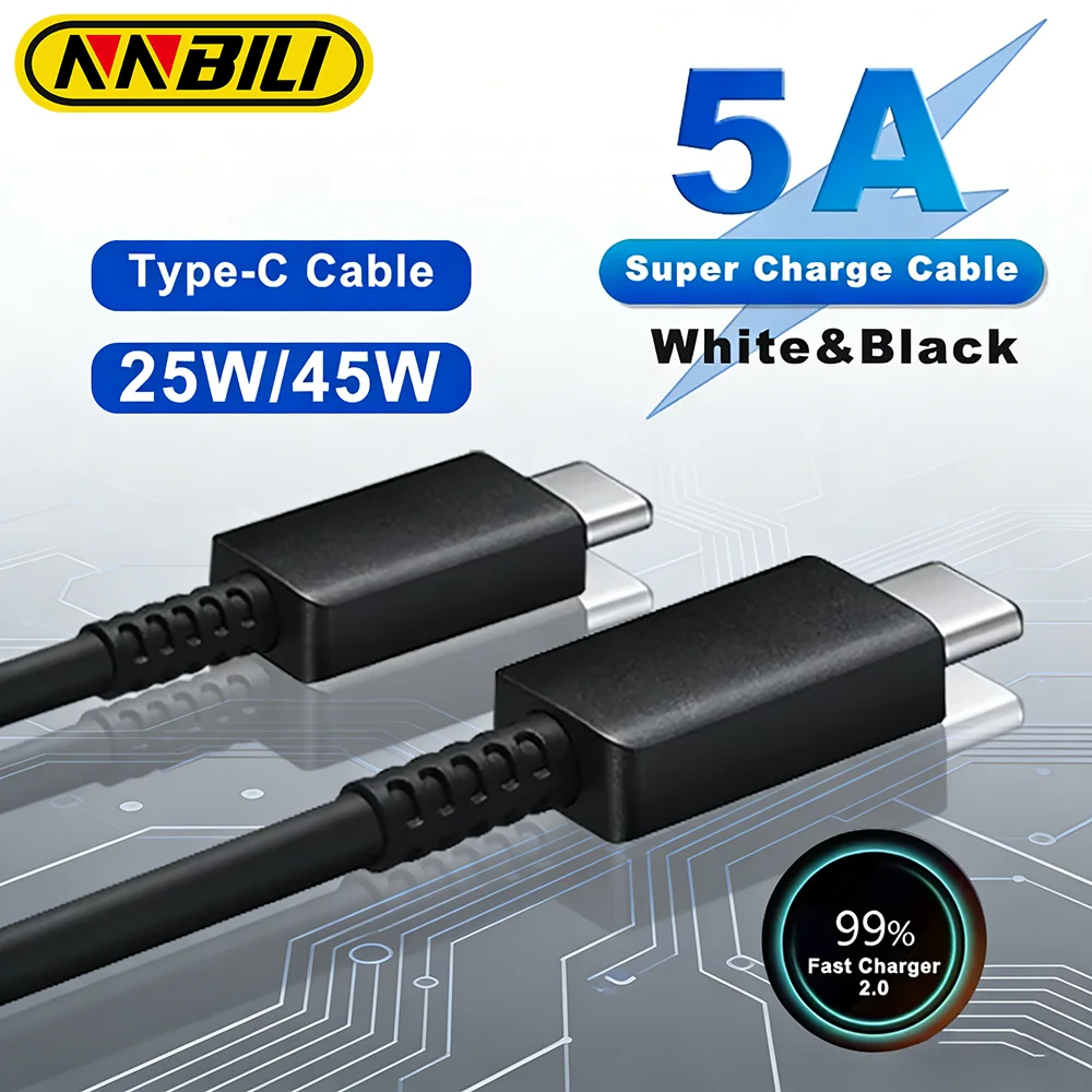 NNBILI Dual Type C Super Fast Charge PD45W Cable for Samsung S24 S25 S26 Plus Note10 20 Ultra A54 A55 Quick Charging Data Cable