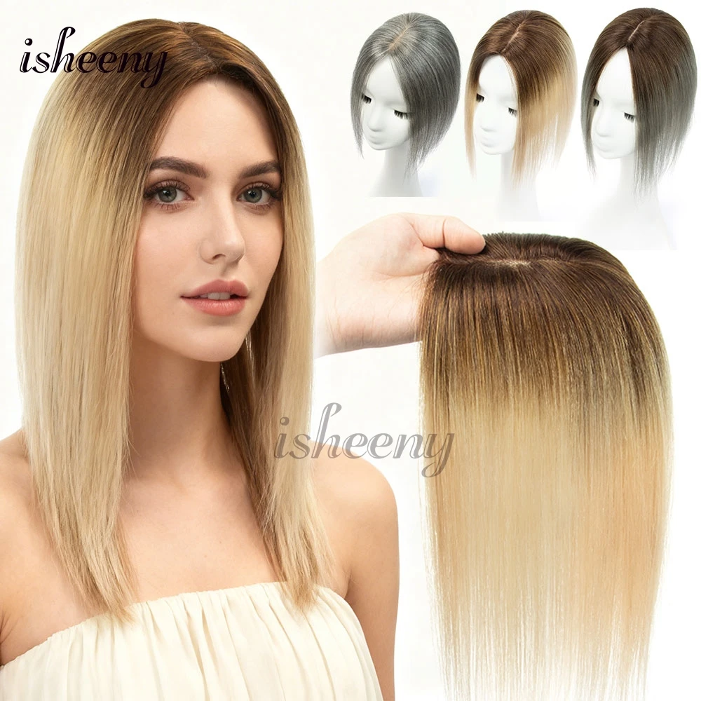 isheeny  Hairpiece 7x11cm Real Human Hair Topper Hairpiece in Ombre Color Natural hair Center Part Top Hair Piece No Hair Bangs