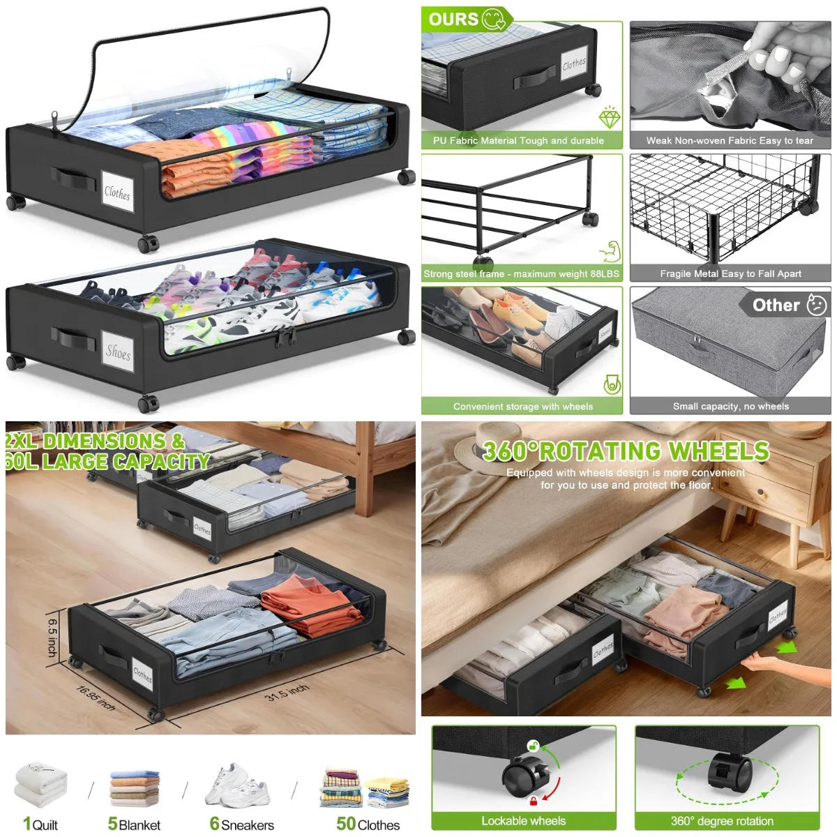 

Beborxue Хранение под кроватью с колесиками, 2 упаковки органайзера на колесиках, XXL, 60L, черный