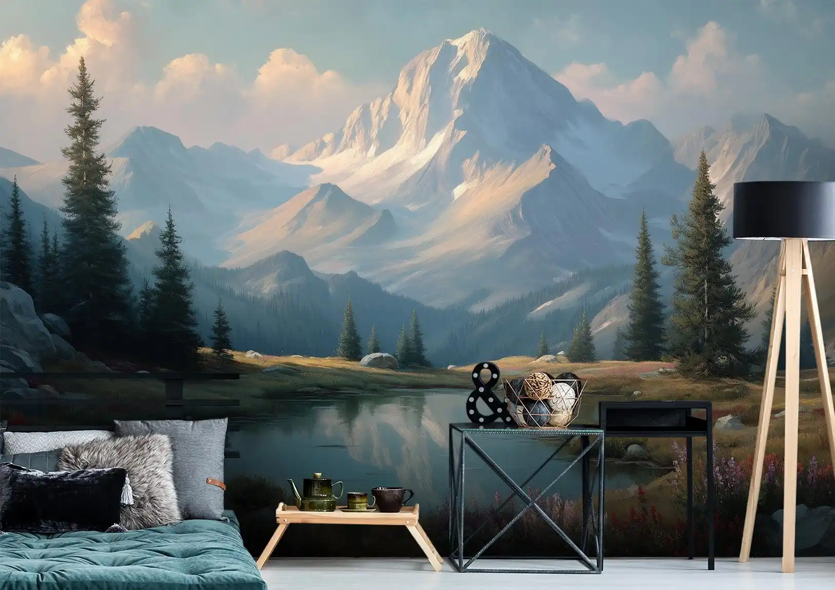 Mountain Landscape Wall Mural Nature Forest Pine Lake Waterfall Oil Painting Wallpaper Living Room Bedroom Decor Peel and Stick