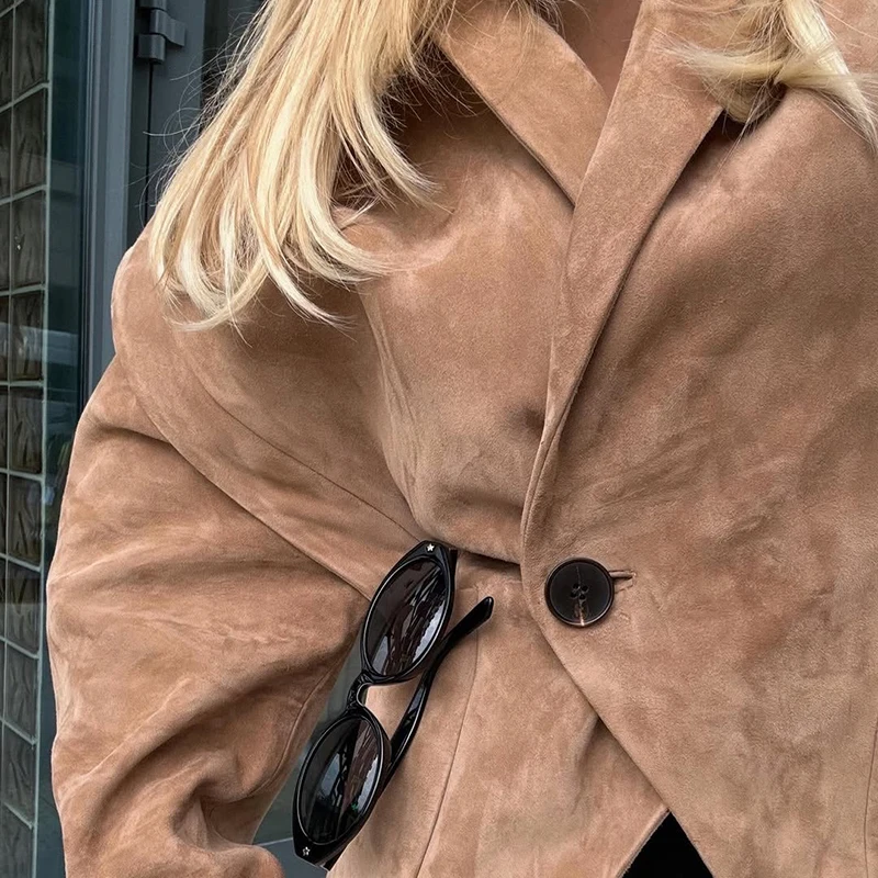 Wildleder Safari Stil Kurze Bomber Jacken Frauen Mode Stehen Kragen Epaulet Elastische Saum Taste Lose Mäntel Chic Damen Outer – Detail 21
