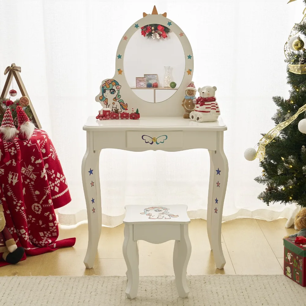 

2-in-1 Captivating Christmas Gift Vanity Set with Mirror Drawers Stool