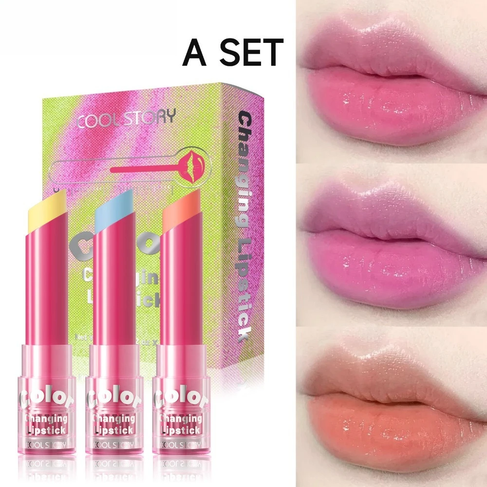 3-Piece Tinted Lip Balm Set Color Changing Hydrating Glossy Moisturizing Lipstick Lightweight Natural Flush for Daily Office
