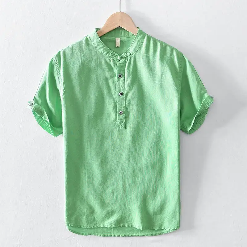 

Summer Short Sleeve Shirts Men Casual Cotton Linen Shirt 5XL Breathable Tops Solid Stand Collar Pullover Shirt Vintage Clothes