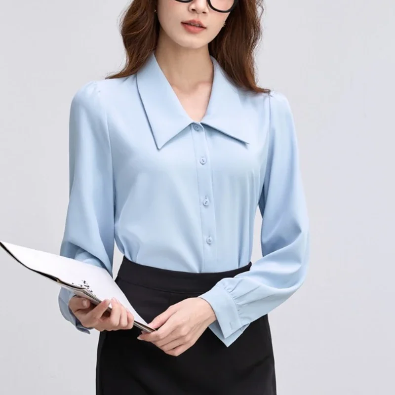 2025 moda feminina manga longa simples sólido topos primavera outono casual chiffon camisa feminina senhora do escritório blusa elegante