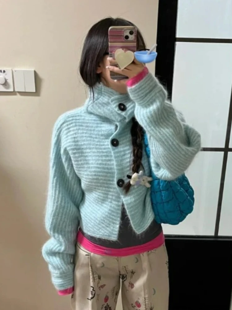 Mulheres lapela única fileira botão de malha sólida cardigan outono inverno moda oversized curto outerwear casual manga longa casaco novo