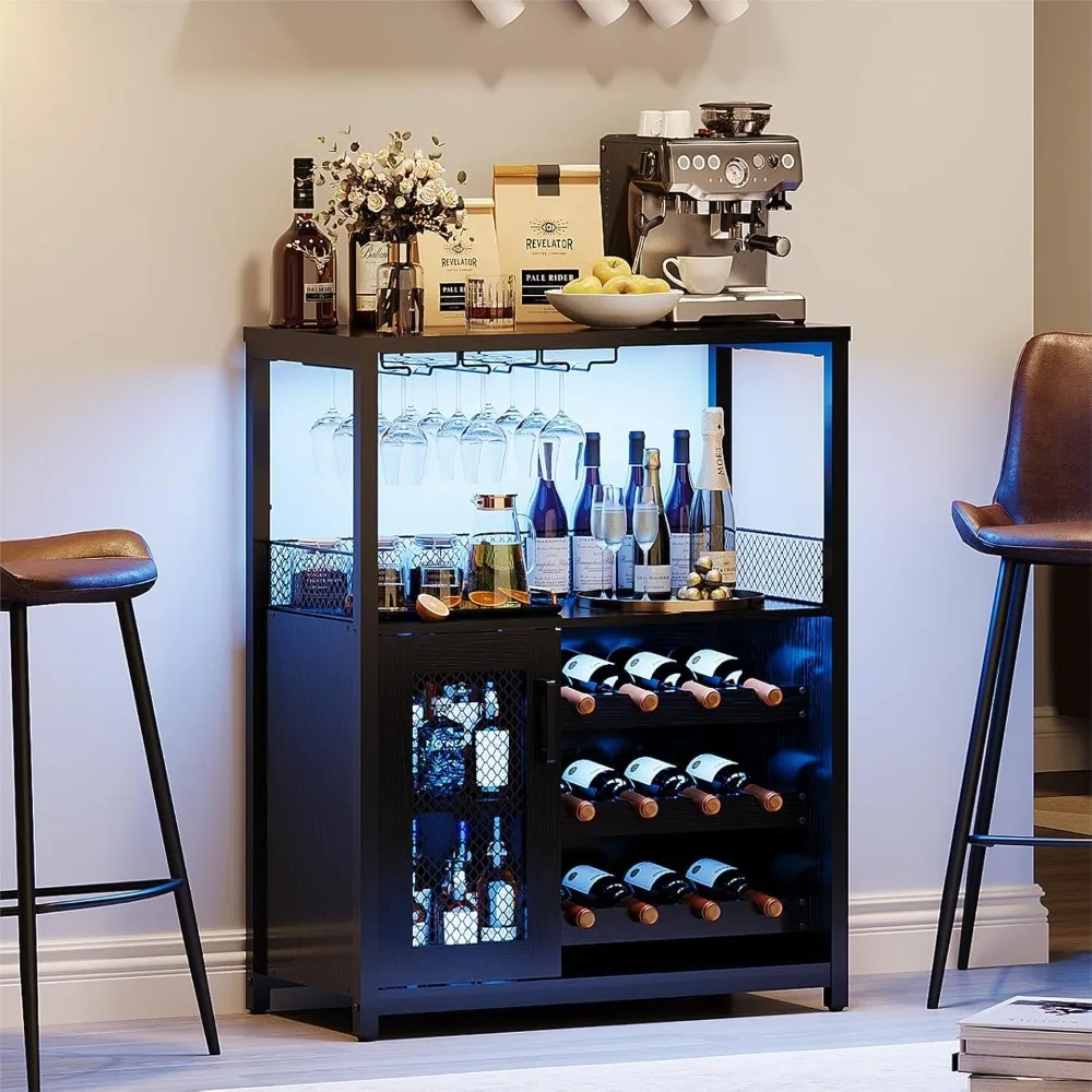

Wine Bar Rack Cabinet with LED Light, Adjustable Shelves Coffee Bar Cabinet with Mesh Door and Baffle Design, 36 in Tall Small