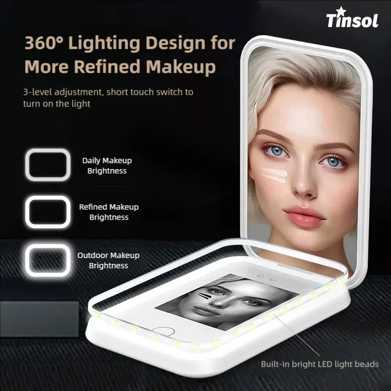 مرآة اختبار واقية من الشمس الذكية للأشعة فوق البنفسجية من TINSOL مع كاميرا عالية الدقة وضوء إضافي 2x مرآة سفر مكبرة لاختبار الواقي من الشمس