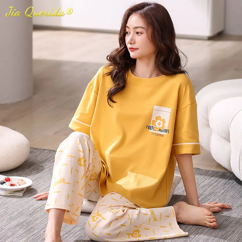 SUKAE High Quality 100% Cotton Woman Pajama Summer Short Sleeve Full Pants Sleepwear Casual Young Lady Pijama Elegant Mujer Para