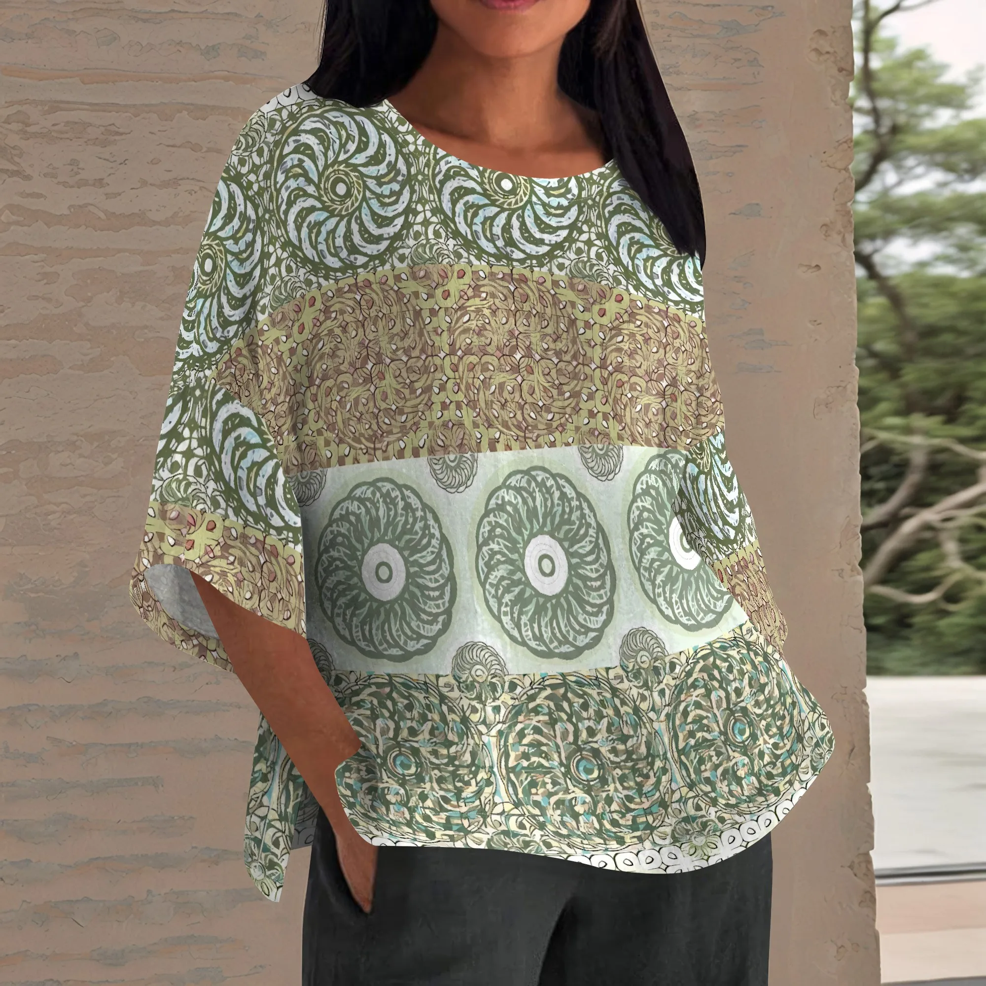 

EQQZD Stylish Casual Half-Sleeve Crewneck Top, Modern Trendy Bohemian Pattern Print Tops for Women