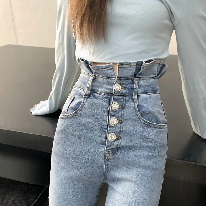 2025 Spring and Summer New High Waist Jeans Rhinestone Buckle Slim-Fit Slimming Fashion Trousers Light Color Stretch Tight Pants