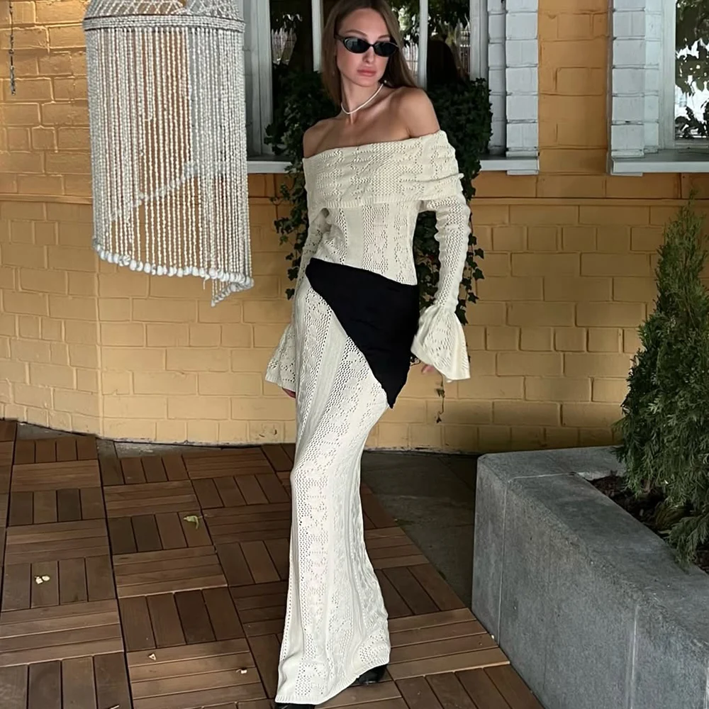 

Tuularose Hollow Knitting Flared Sleeves Long Dress Women's Long Sleeves One-Length Shoulder Dress Female Fashion Elegant Dress