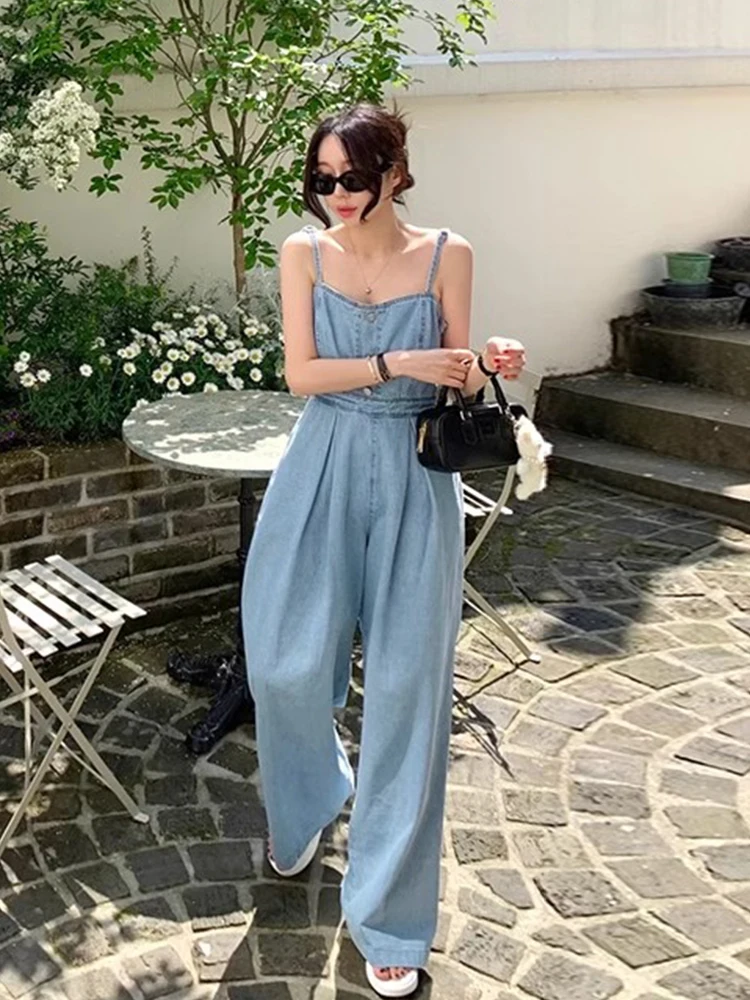 Retro Spaghetti Straps Wrapped Chest High Waist Denim Jumpsuit 2023 Summer Casual Strap Wide Leg Pants Rompers Women Jumpsuits