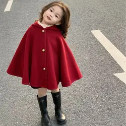 Shawl Autumn Spring Girls Coat Baby Children Clothing Personality Tide Korean Fashionable Hooded Red Cloak 2024