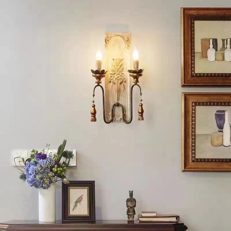 Solid Wood Carving Wall Lights Living Dining Room Balcony Vintage Wall Lamps 2 Heads Retro Industrial Lighting Wall Sconce