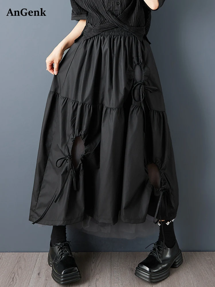 

Новая женская свободная повседневная длинная юбка с высокой талией, черная, с вырезами и сетчатыми вставками, модная одежда Весна-Лето 2026