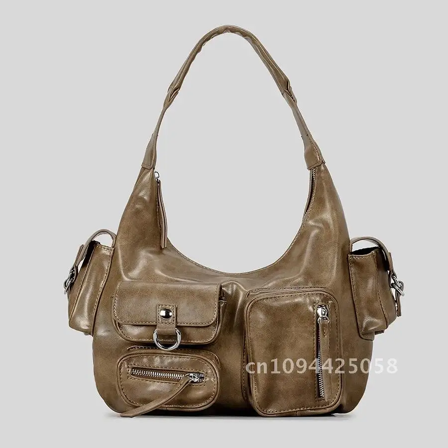 

Fashion Multiple Pockets Halfmoon Underarm Bag Y2K Women Shoulder Bags Luxury Pu Leather Lady Handbags Hobos Small Tote Bag 2024