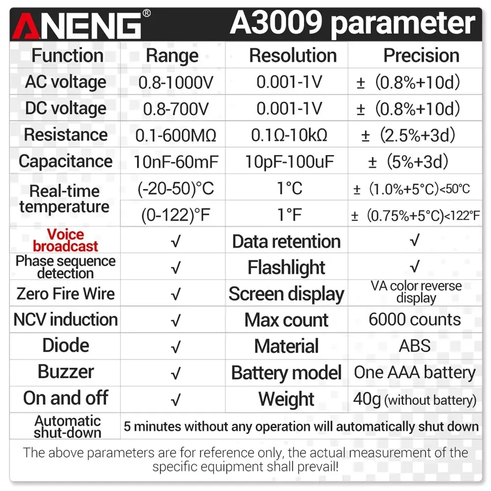 ANENG 미니 디지털 멀티미터 펜, 스마트 음성 방송 테스터, 계량기 멀티메트로 DC AC 전압 전문 테스트 도구, A3009