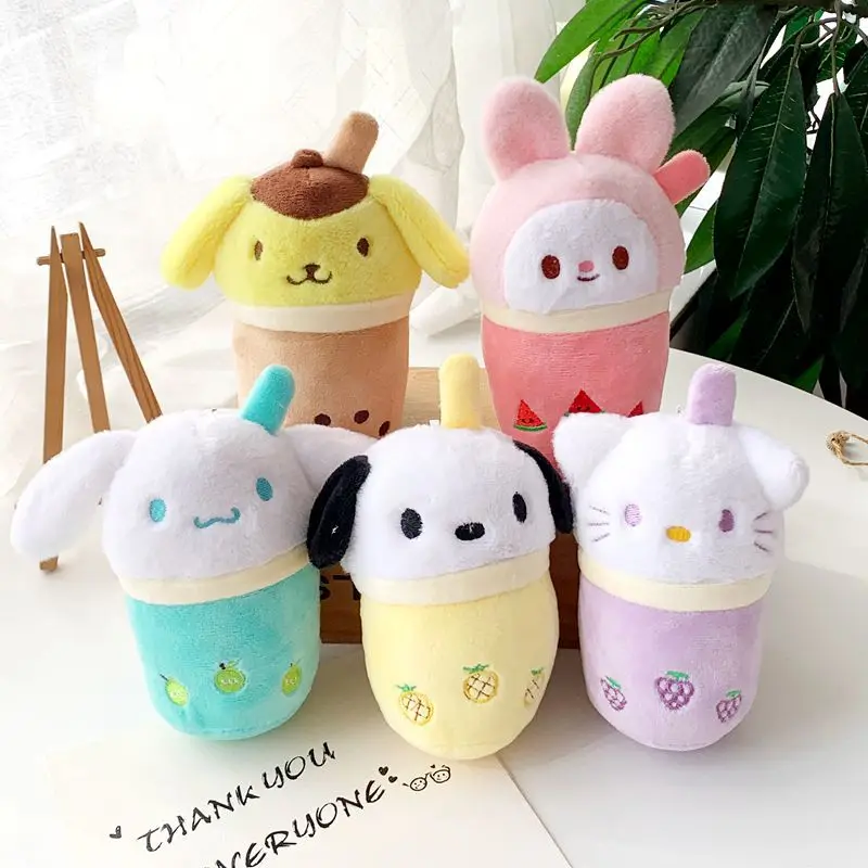 Anime Sanrio Figure Creative Milk Tea Cup Keychain Kuromi Cinnamoroll Keyring Cute Doll Toys Bag Pendant Car Key Accessories