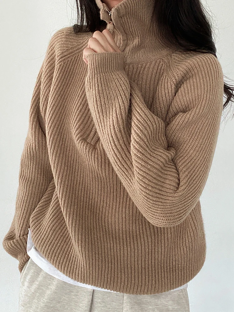 Korean Women\'s Sweater Loose Zippers Turtleneck Sweaters Warm Solid Pullover Knitwear Basic Female Tops Autumn Winter 2024