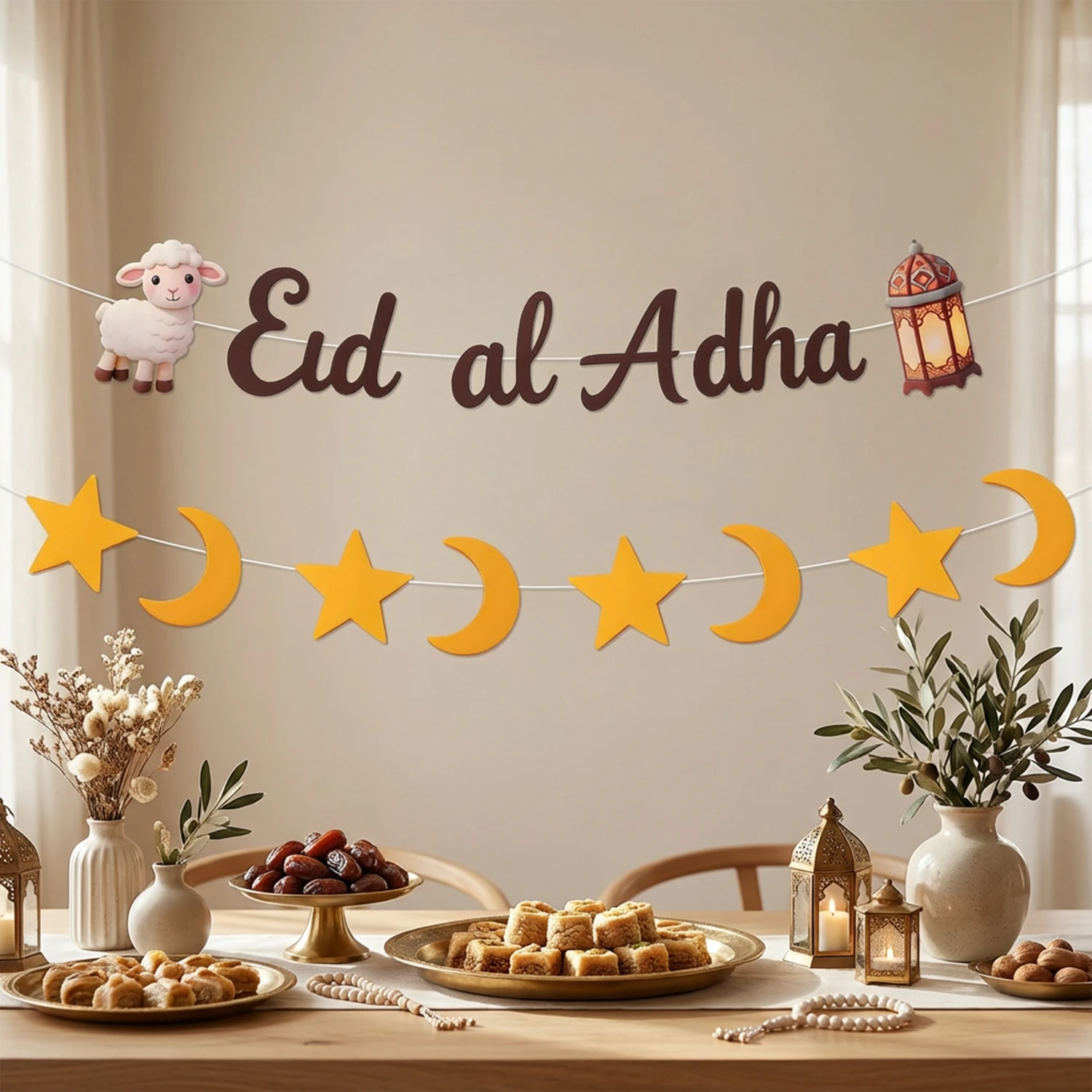 Decoración para Fiesta con Temática de Cordero, Luna y Estrella para Eid Al Adha, Set de Adornos Colgantes de Fieltro