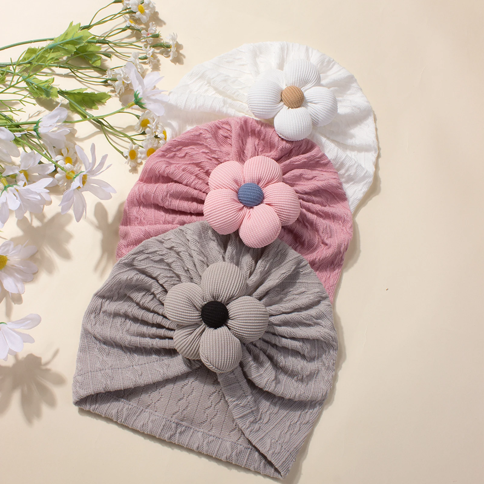 

3-Color Set Baby Floral Pullover Hat Warm Jacquard Striped Indian Design Infant Headwear for Comfortable Style