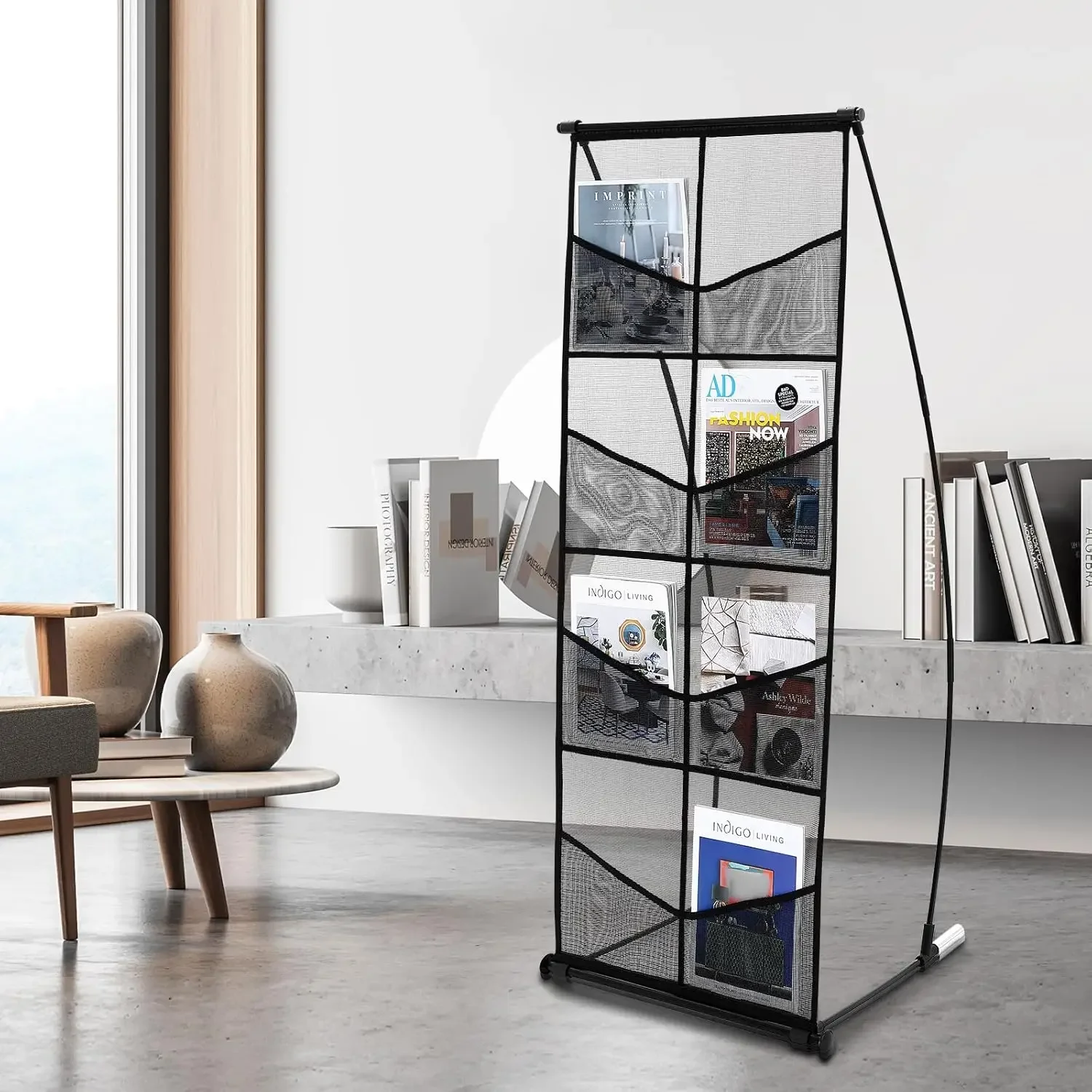 Brochure Display Stand, 4-Tier 8 Pockets Mesh Literature Display Holder, Floor Standing Magazine Newspaper Catalog Rack, rack