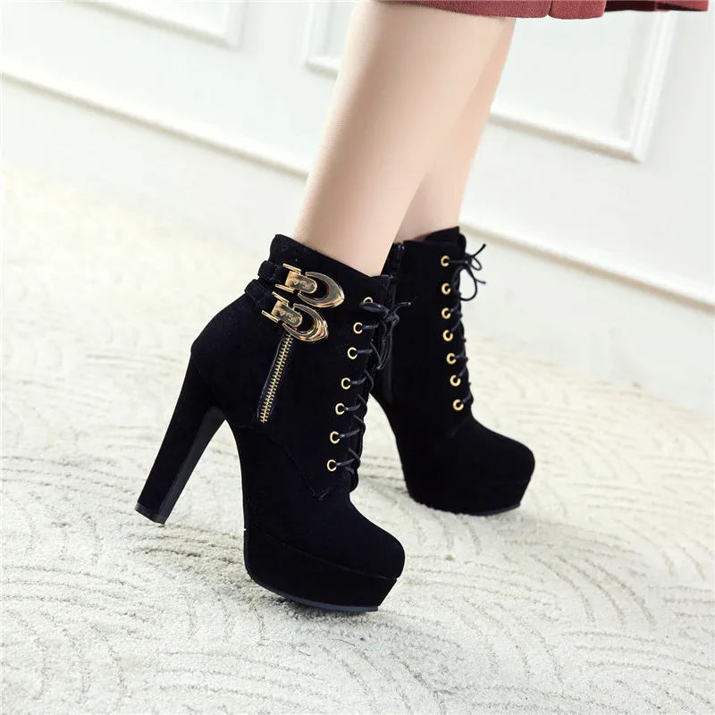 Women High Heel Ankle Boots Platform High Heels Shoes Fashion Round Toe Buckle Fall Winter Suede Women Short Black Size 34-48
