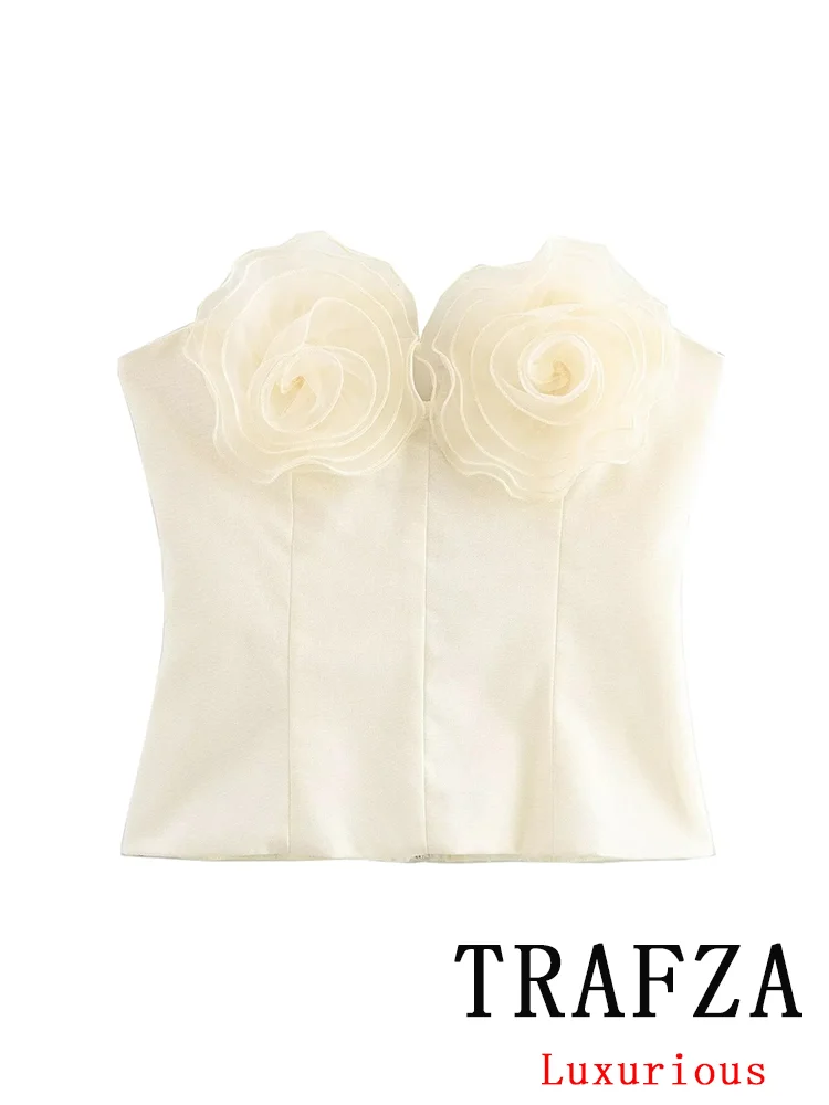 TRAFZA Sexy Women Tops Solid Flower Strapless Slim Tube Tops Female Fashion 2024 Autumn Elegant Corset Bright Silk Blouses Tops