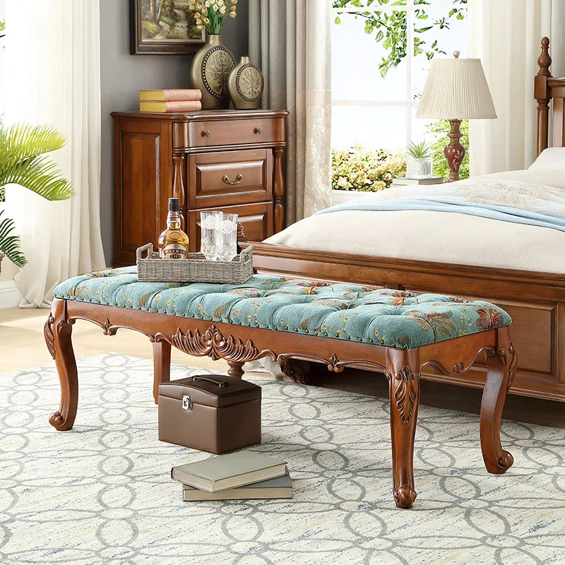 American solid wood fabric bedside stool European leather bedroom bedside couch bench