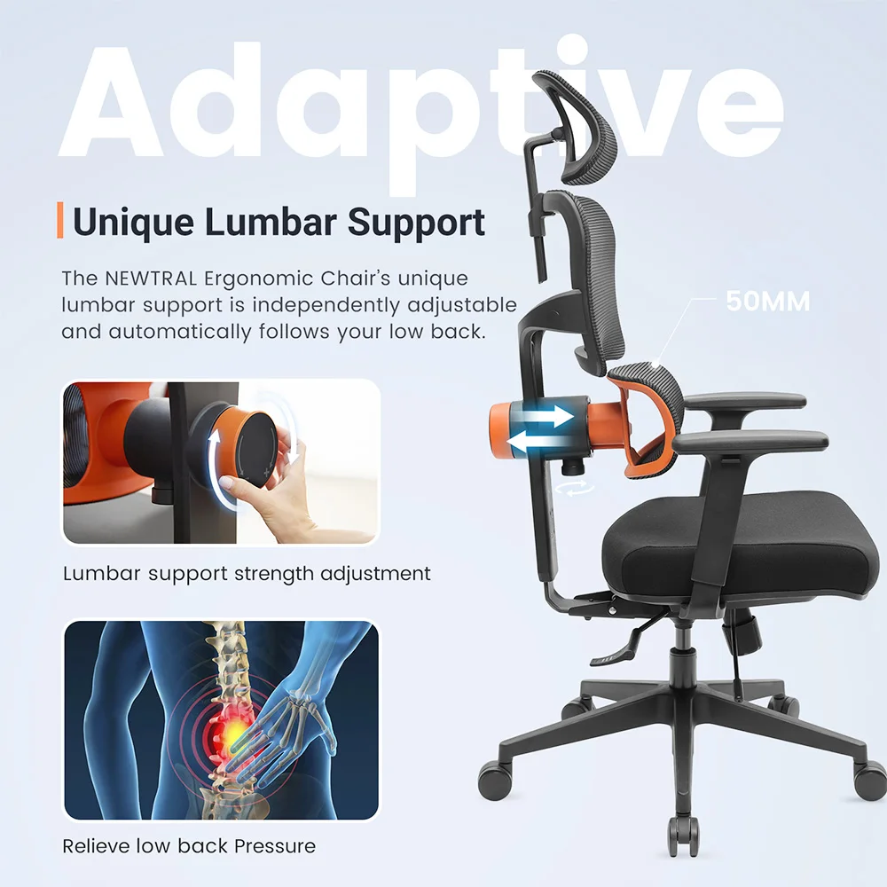 NEWTRAL MAGICH002 Ergonomic Chair, Auto-Following Backrest, Adaptive Lower Back Support, Adjustable Headrest Seat Depth