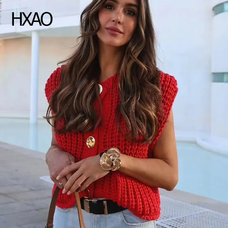 

HXAO Women's Vest Cropped Sweater Vest Sleeveless Vests for Women Knitted Vest Fashion O Neck Knit Cardigan Vest Waistcoat Woman