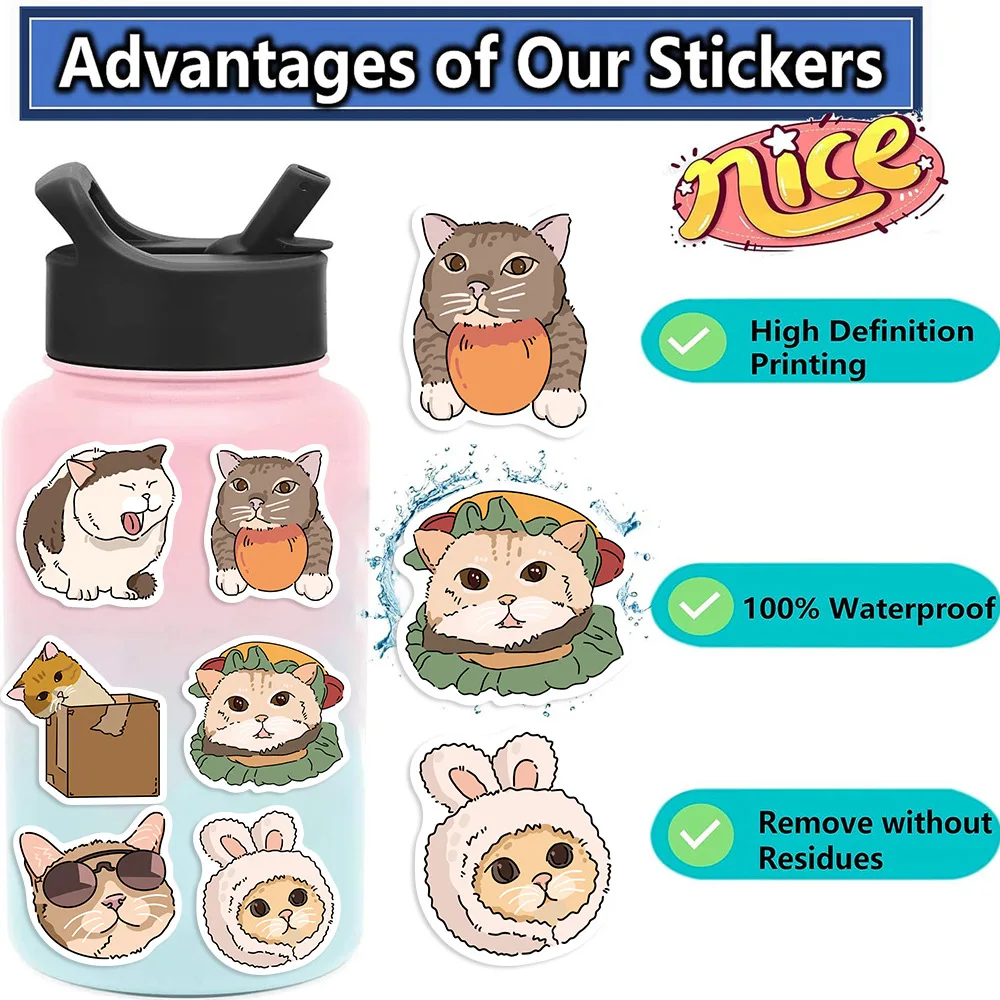 50PCS Hand-drawn Style Cat MEME Cartoon Animal Graffiti DIY Decorative iPad Guitar Laptop Suitcase Waterproof Sticker Kids Toy