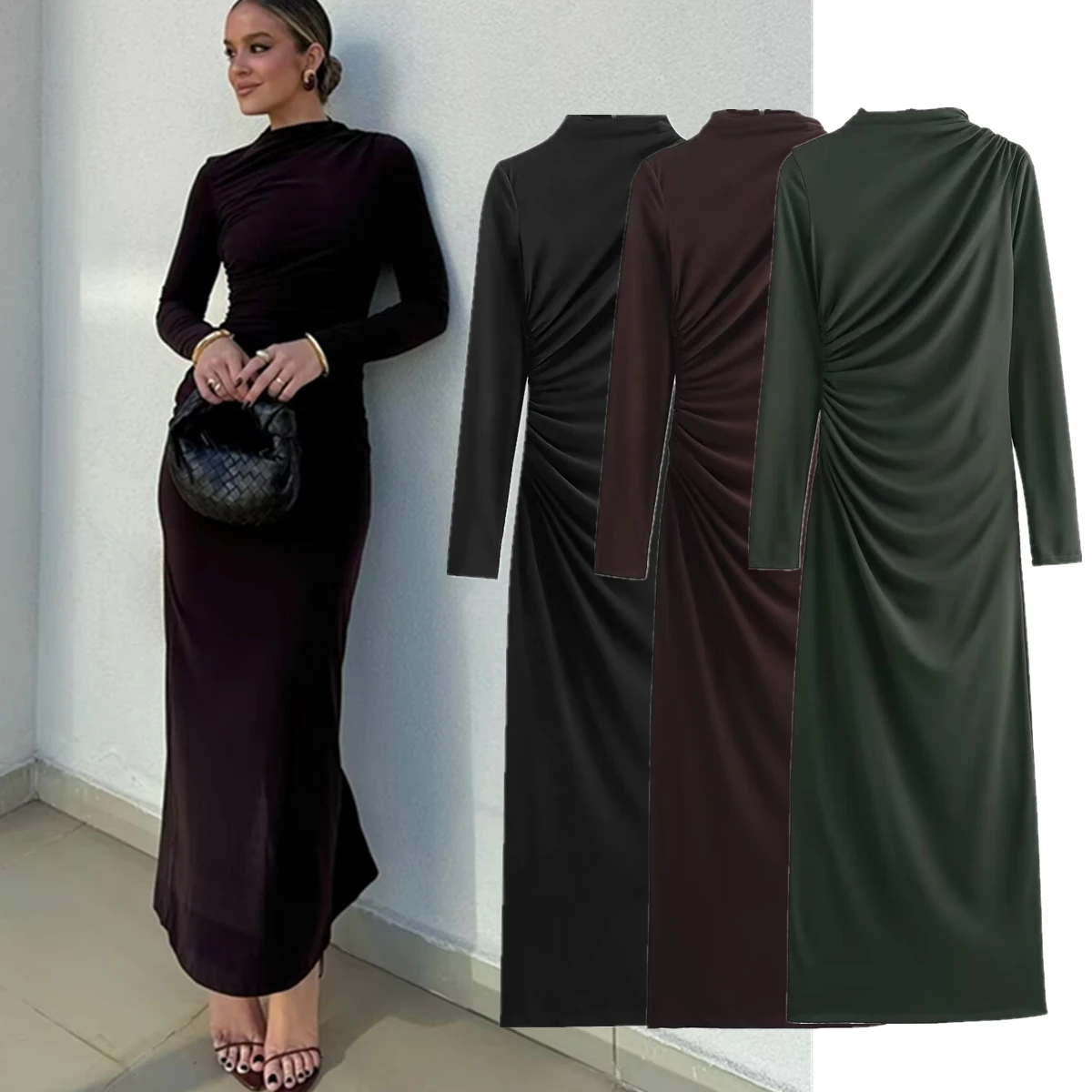 Maxdutti French Fashion ELegant Solid Color Pleated Slim Fit Dress Minimalist Long Sleeved BasicMaxi Dress Women