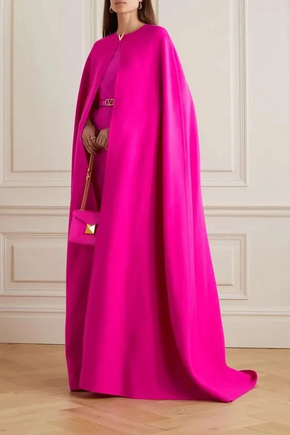 

Customized Fuchsia Soft Satin Long Cape ,Women Jacket ,With Button On Front ,Simple Elegant Coat