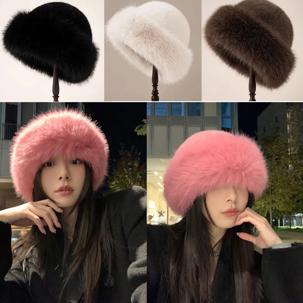 New Warm Fluffy Fur Bucket Hat Cold Thicken Panama Cap Ear Protection Cover Head Cap Winter Hat Women