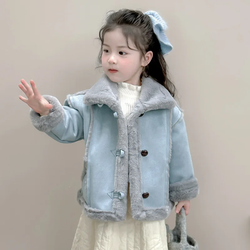 

Girls' Autumn Winter Warmth Coat Pure Color Thicken Overcoat Lapel Tops New Fashion Jacket Comfortable Children Clothes Casual