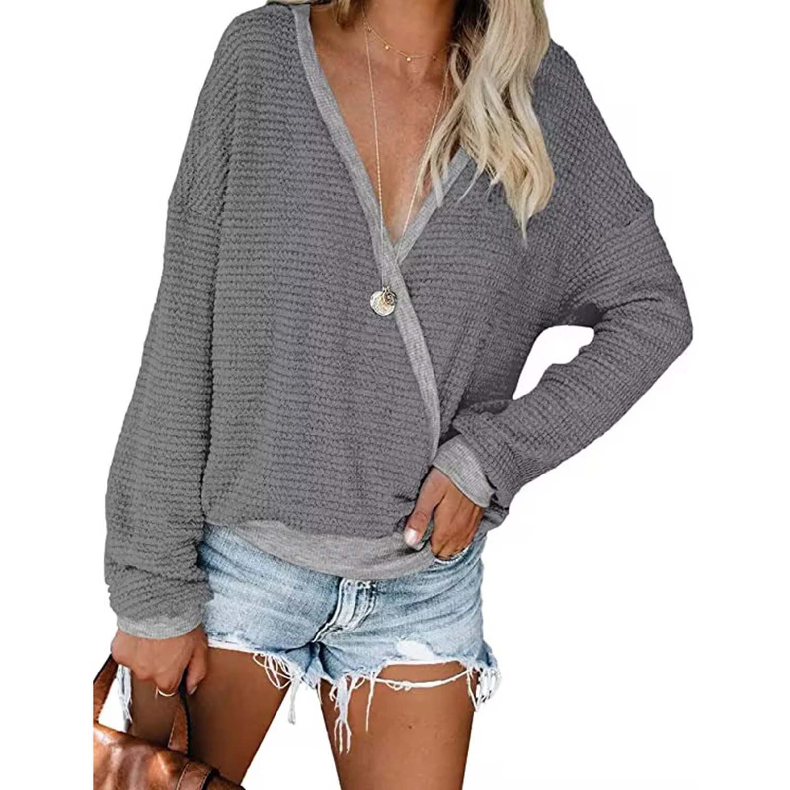 Women's Casual Loose Knit Tops V-Neck Contrast Color Long Sleeves Wrap T-Shirt Spring Autumn Trendy Simple Pullover 2024 New