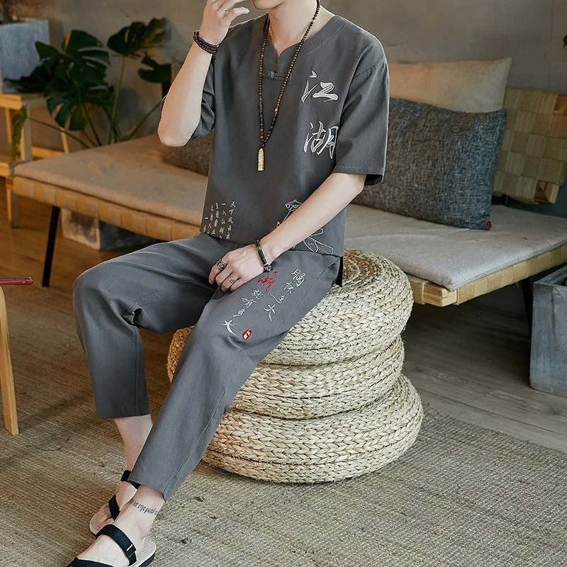 Summer Traditional Chinese Linen Tang Suit Men (Shirt + trousers) Cotton Linen Suit T Shirt Men Kungfu Clothes Tang Suit