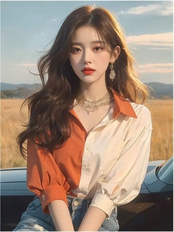 Summer Temperament Top for Women New Style and Chic Orange Color Block Sunscreen ShirtYY36