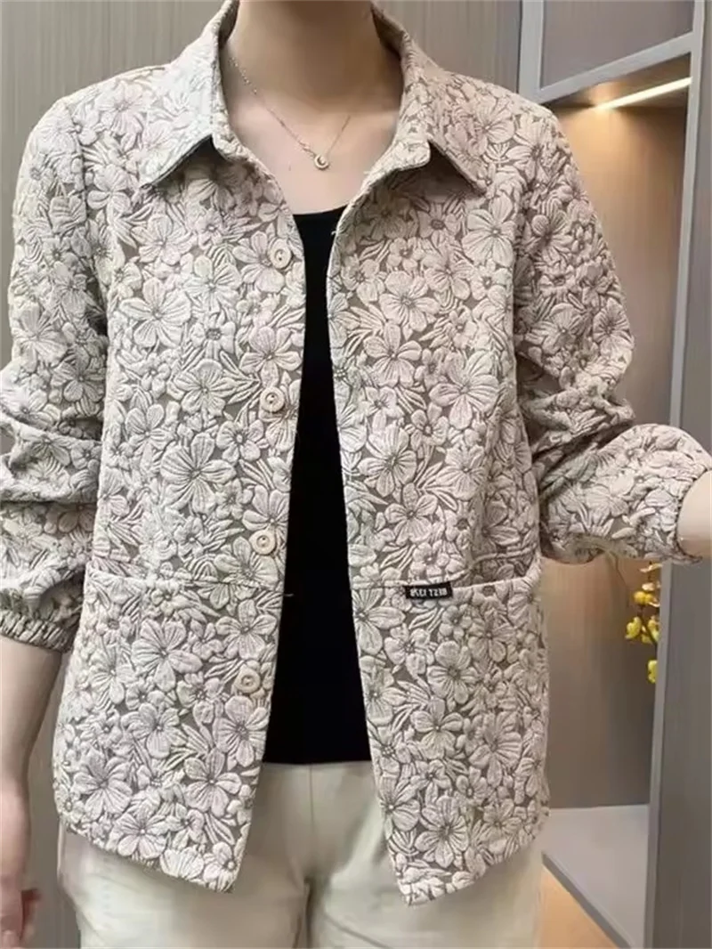 Fashion Casual Lapel Jacquard Women's Jacket 2025 New Spring Autumn Versatile Outerwear Mom Clothes Button up Pocket Basic Coat