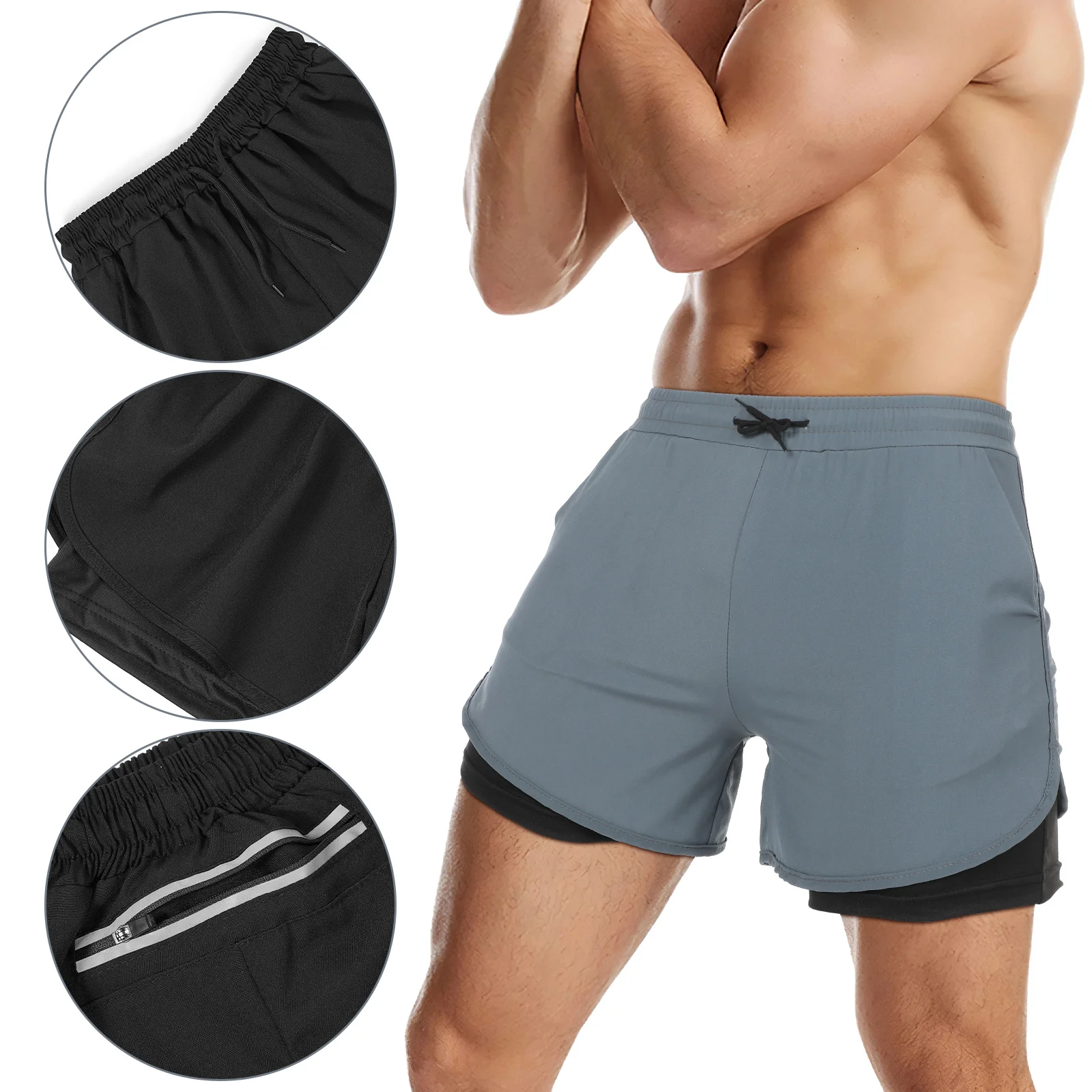 

Men Running Quick Dry 2 Pairs Zipper Pockets Breathable Workout Jogging Men Drawstring Shorts Sports Fitness Hiking Outdoor