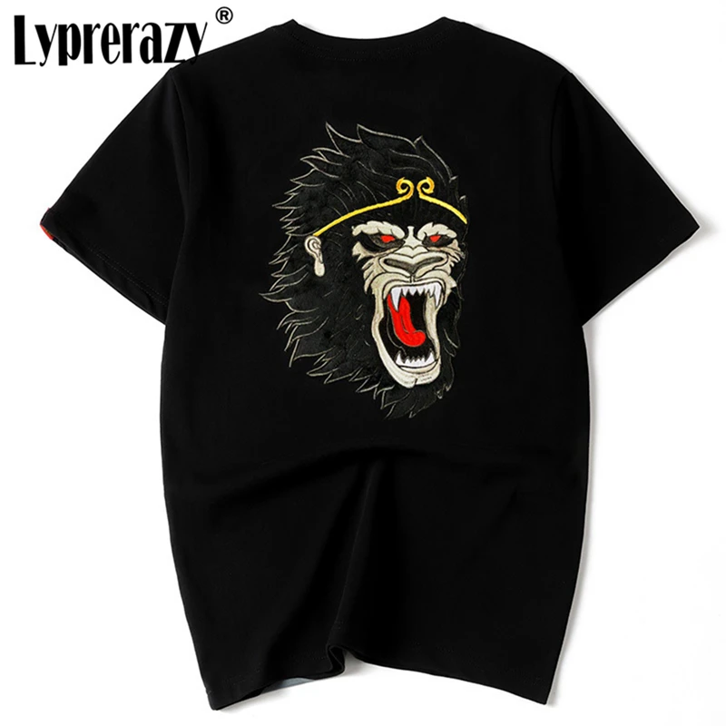 

Lyprerazy Chinese Style Embroidery Monkey Head Short-sleeved T-shirt Summer National Tide Cotton Loose Men's Tee Shirt