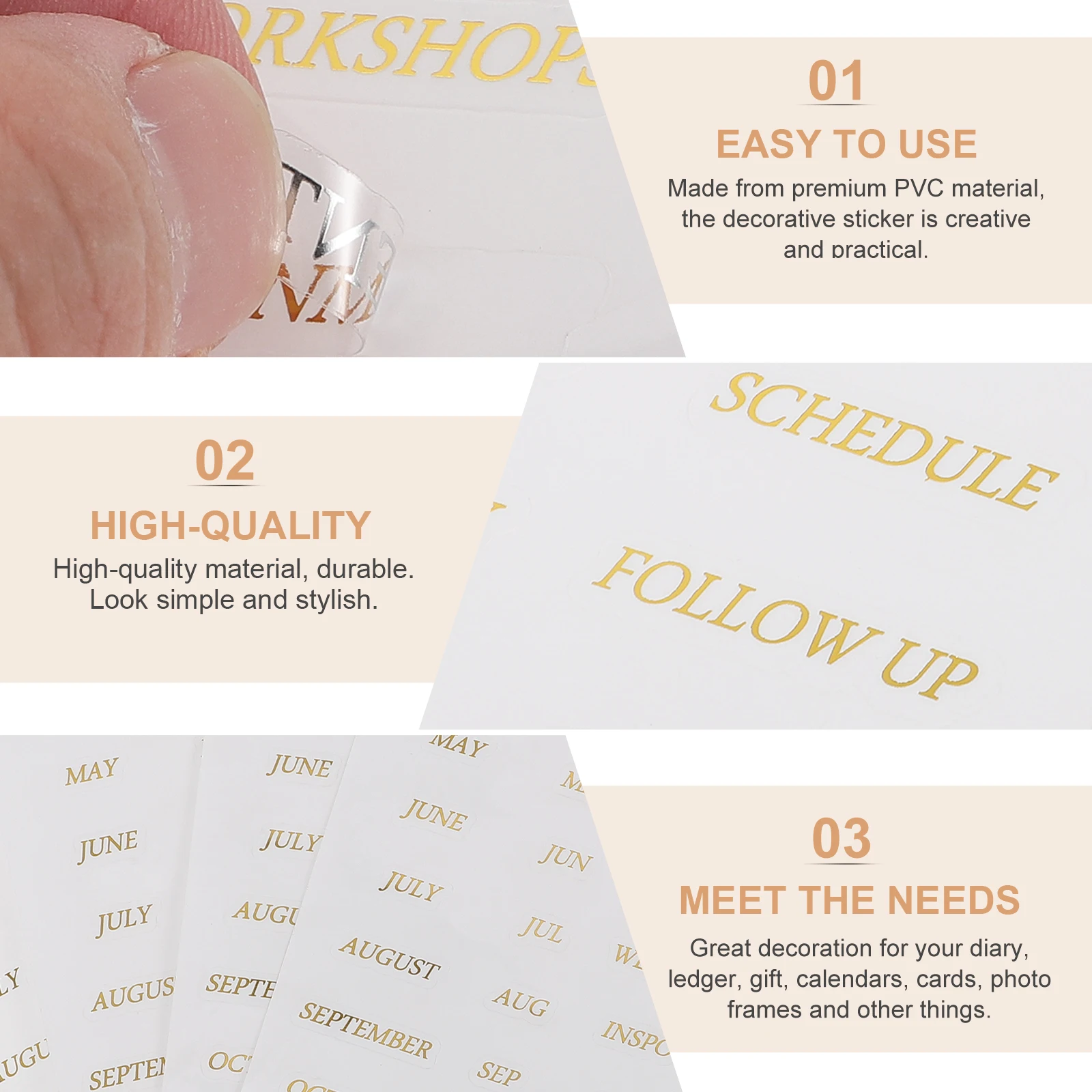 

4 Sheets Scrapbook Stickers PVC Monthly DIY English Phrase Photo Album Decor Transparent Gilding Calendar Pages