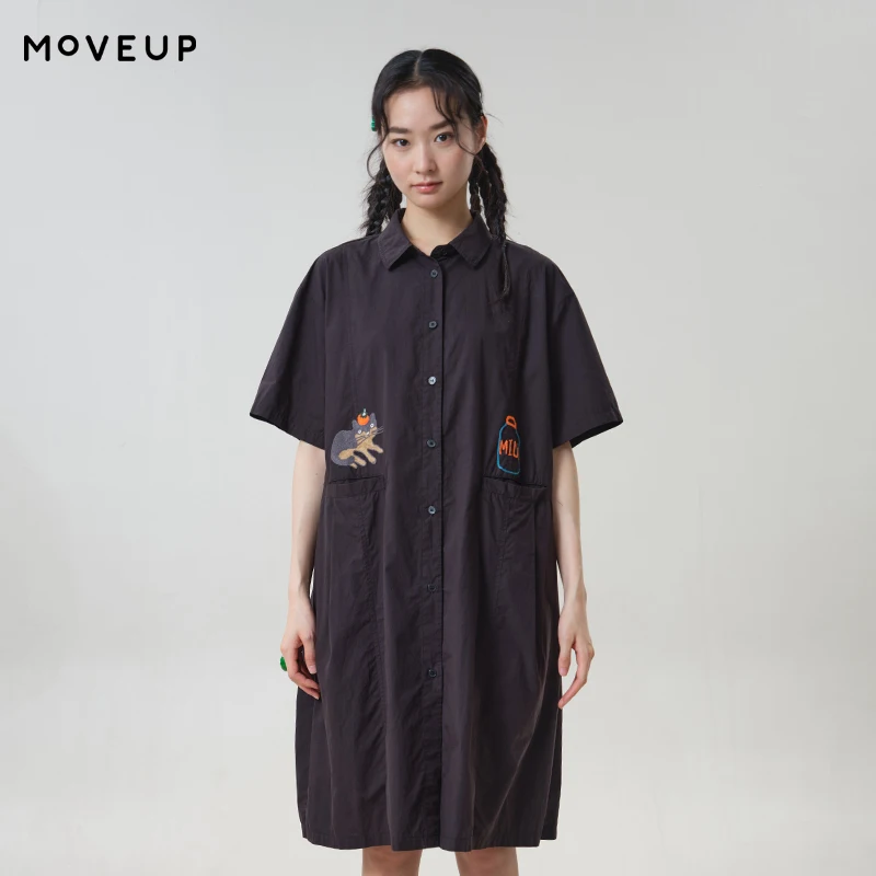 

MOVEUP Short Sleeved Lapel Shirt Dress 2026 Summer New Fun Embroidered Pocket Drawstring Waist Loose Breathable Dress 3ELX21343