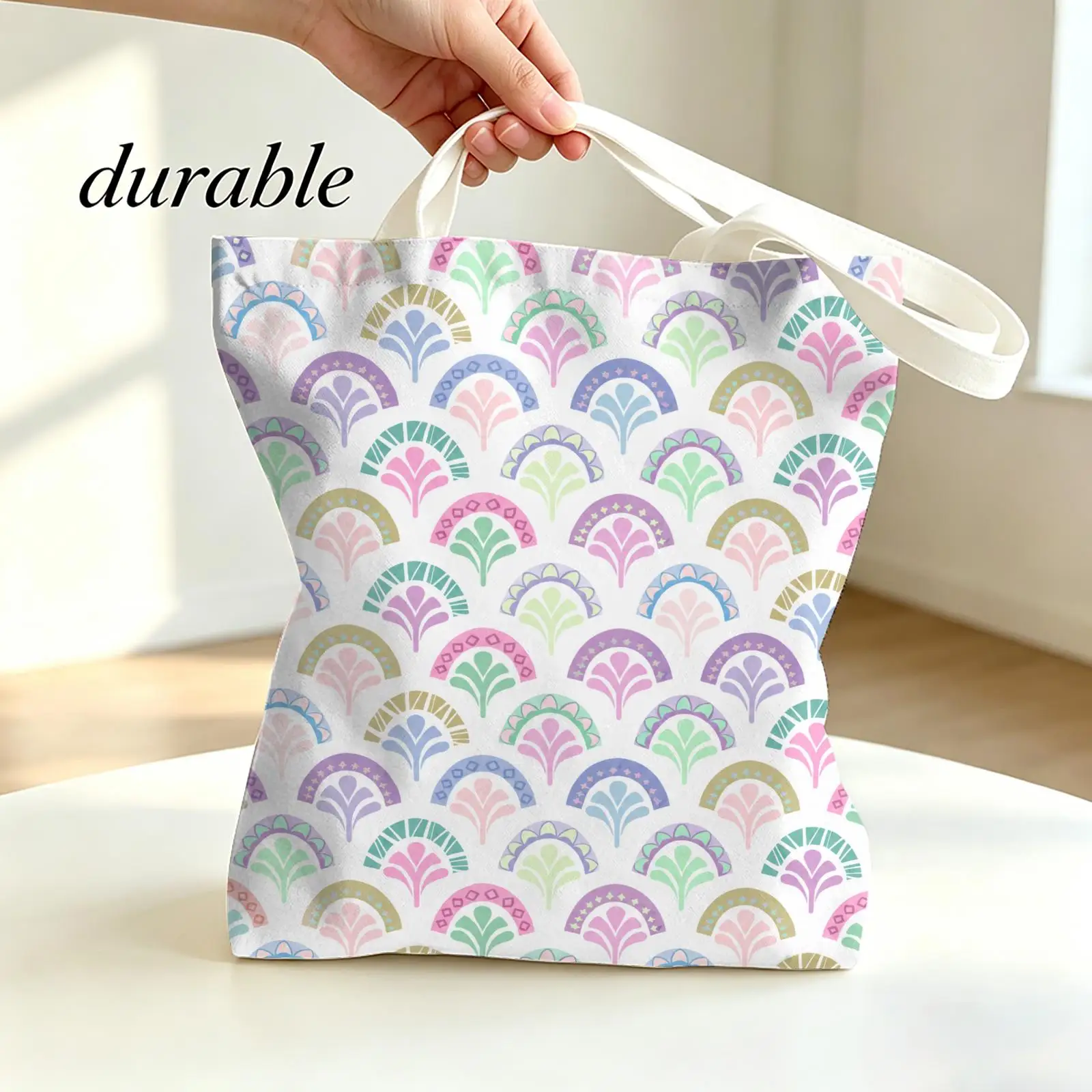 Boho Pastel Shells Storage Bags Canvas Tote Bag Double-Sided Print Lightweight Shoulder Travel Beach Bag Gift Eco