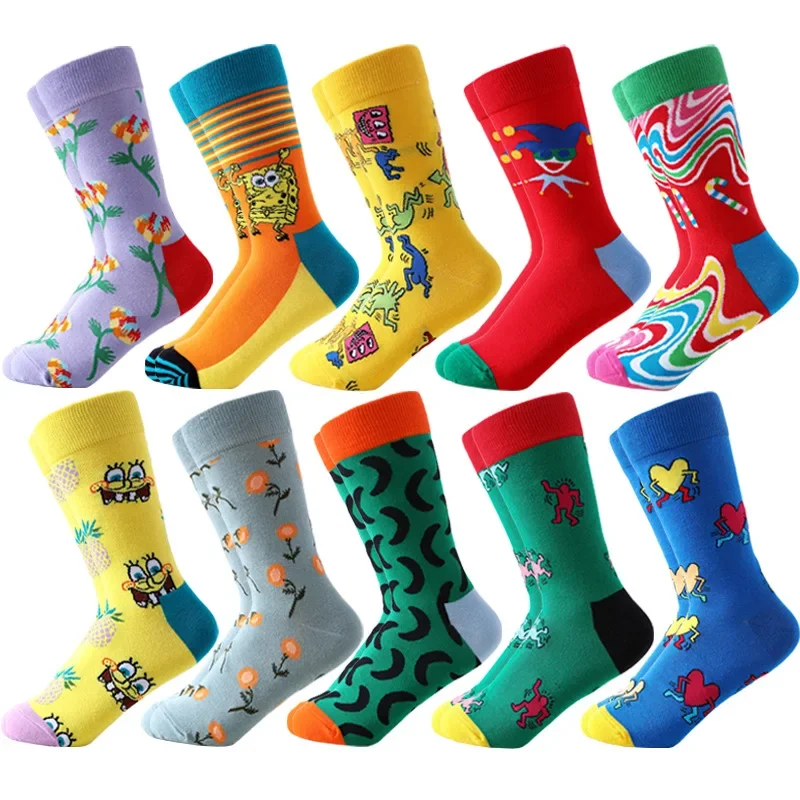 Colorful New Women's Jacquard Knitted Cotton Socks Pattern Street Happy Fashion Fun Oil Painting Men's and Women's Cotton Socks