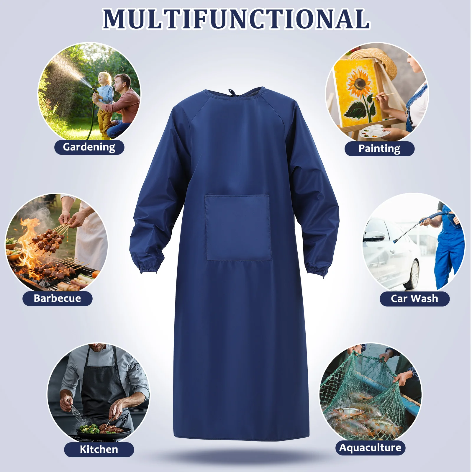 مريلة مقاومة للماء بأكمام طويلة باللون الأزرق الداكن، تصميم خلفي مقاوم للزيت، المطبخ، الطبخ، تنظيف البستنة، حماية شديدة التحمل #2