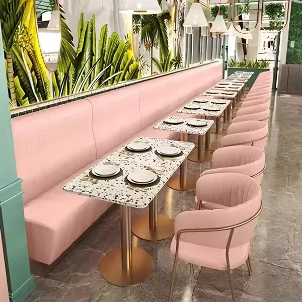 

l # Customize Restaurant Furniture Stainless steel Gold Leg Table And Chair Pink Leather Cafe Sofa Booth Seating Bench Sets