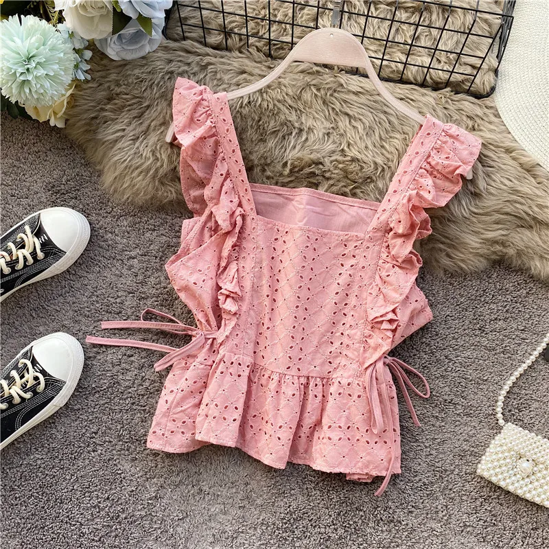 2023 Summer New Korean Cut Out Water Soluble Lace Shirt Slim Fit Short High Waist Irregular Outwear Top